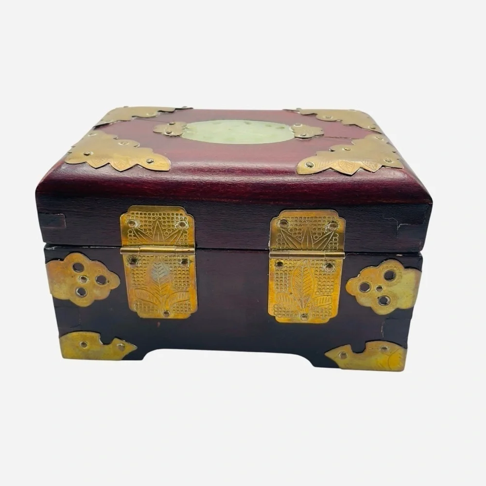 Vintage Wood & Brass Shanghai Chinese Jade Inlay Jewelry Box 5.25